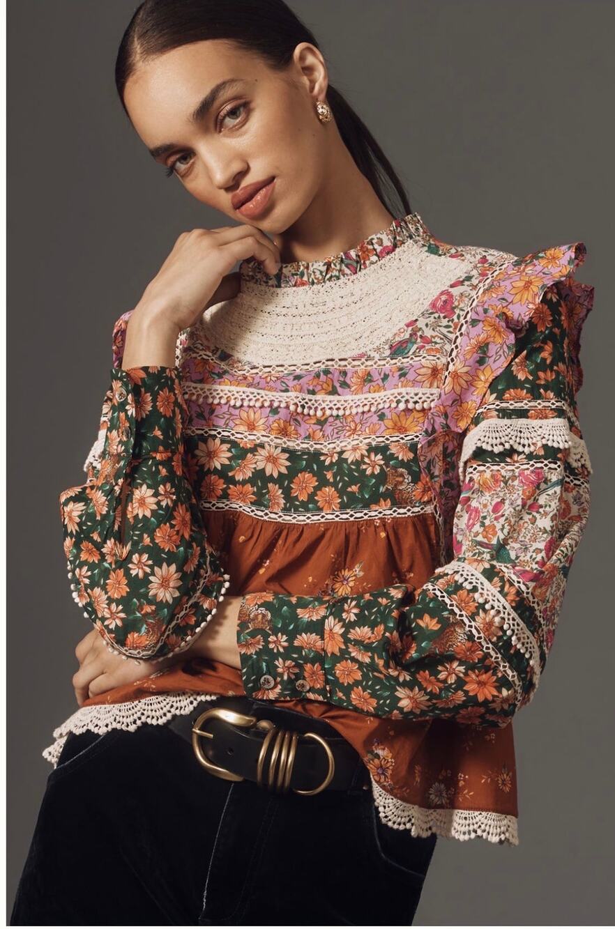 Farm Rio Anthropologie Lace-Bib Ruffle Blouse